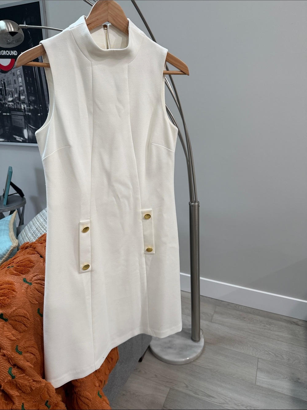 Sleeveless White Shift Dress with Gold Button Detail